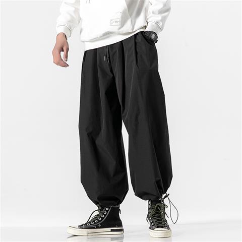 Person wearing black wide-leg pants and white sneakers on a white background