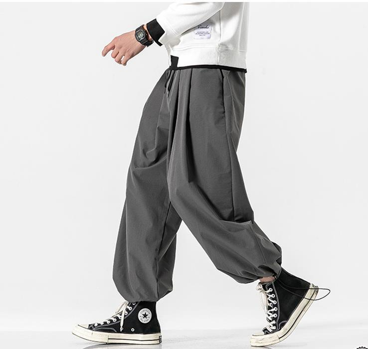 Person wearing gray baggy pants and black sneakers on a white background