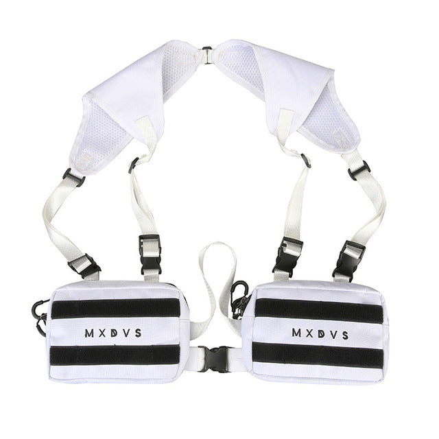 White harness with black striped pouches and 'MXDVS' branding on a white background