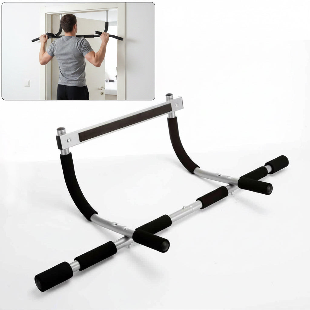 Door-mounted pull-up bar with a person using it in the corner of the image.