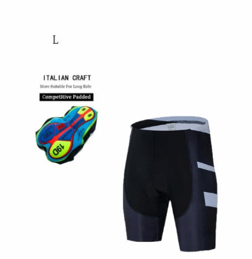 Black cycling shorts with competitive padding and a colorful gel pad on a white background.