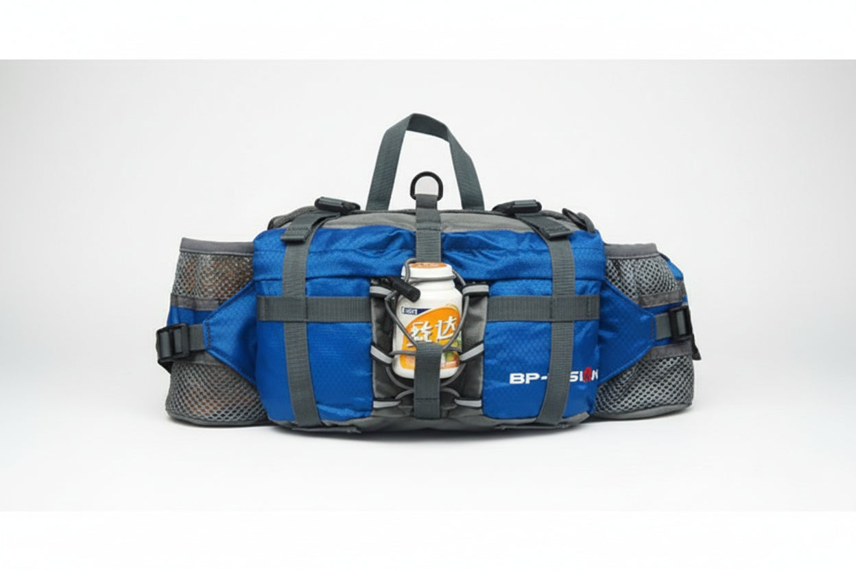 Blue and gray bag with a visible brand logo on a white background