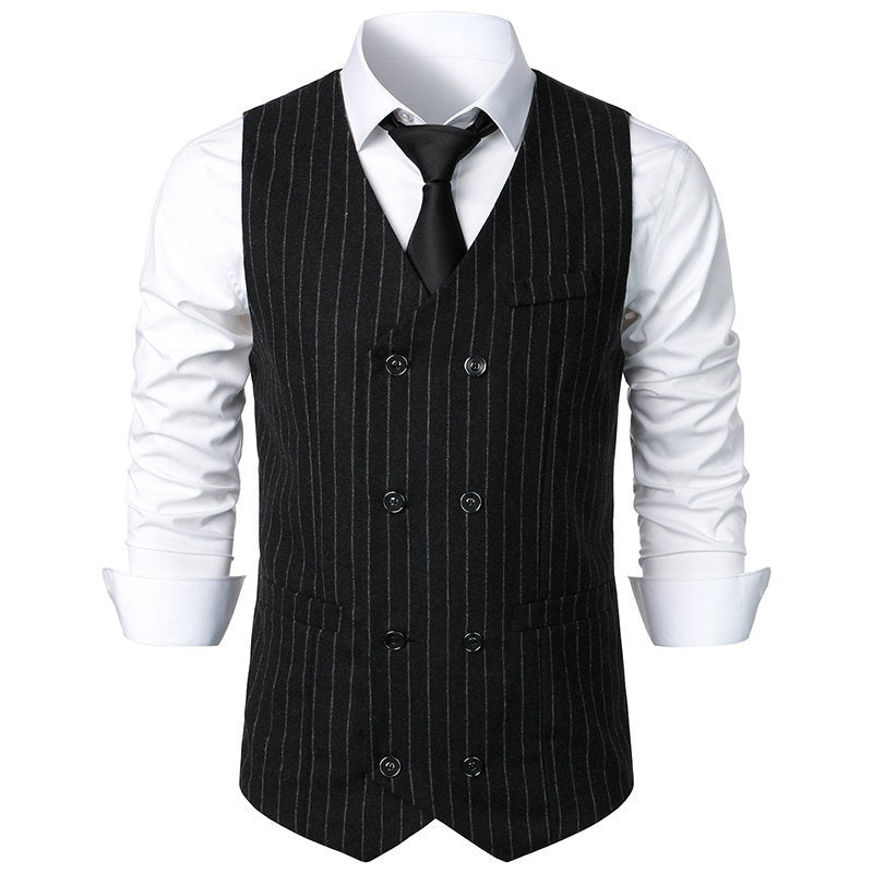 Black pinstripe vest over a white shirt with a black tie on a white background