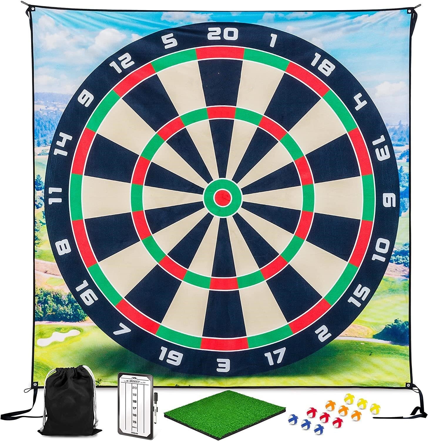 Dartboard set with accessories on a scenic backdrop