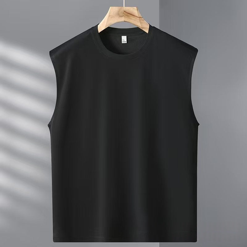 Black sleeveless shirt on a wooden hanger against a gray background