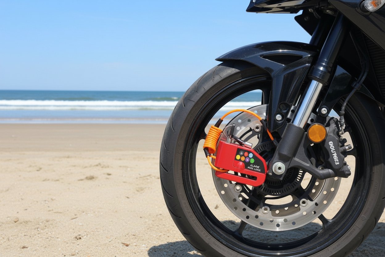 Motorcycle with Red alarm disc lock with an orange coiled cable at jones beach