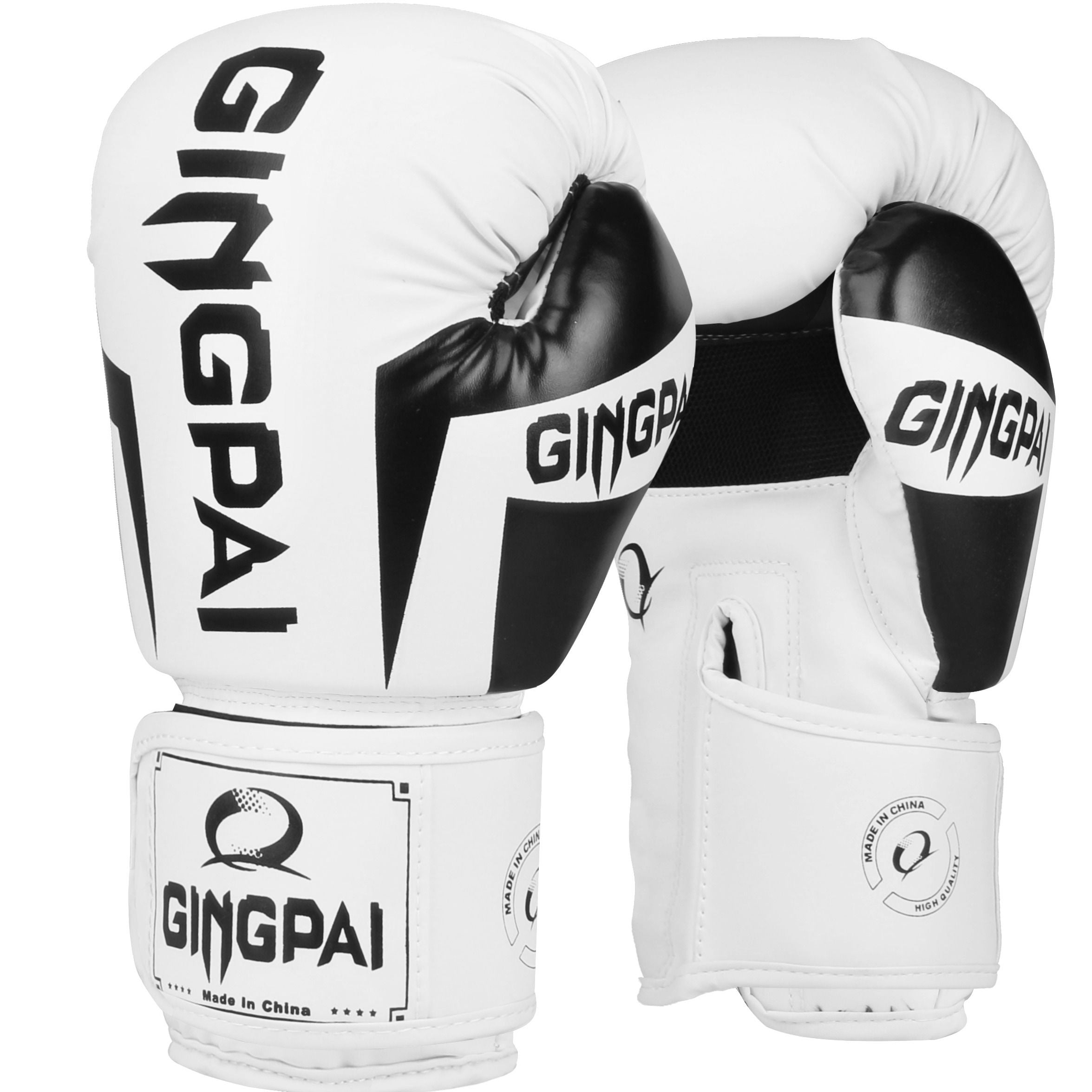Pair of white and black boxing gloves with 'Gingpai' branding on a white background