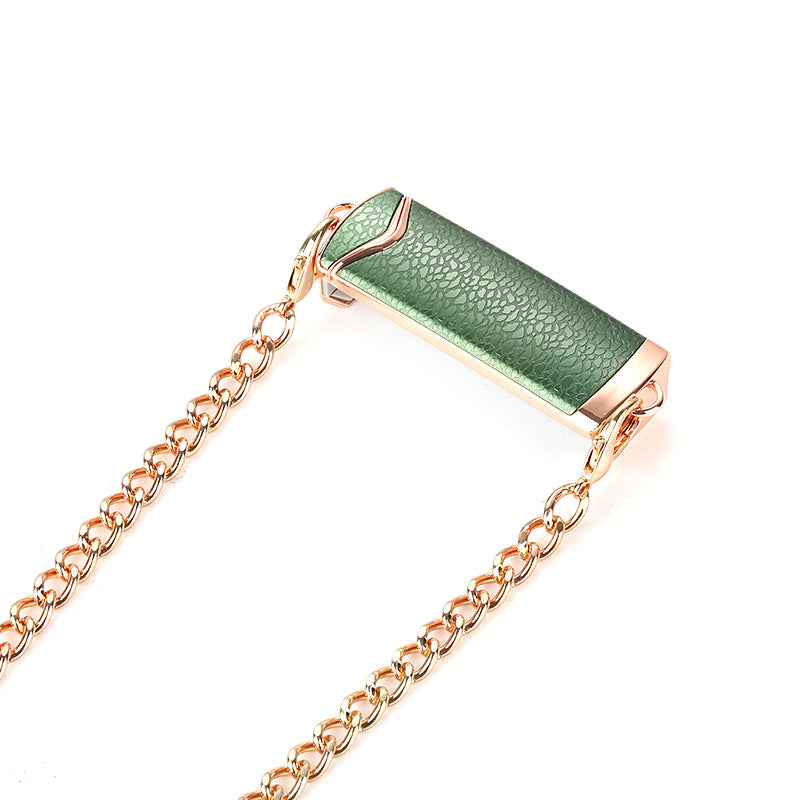 Green rectangular pendant with rose gold chain on a white background