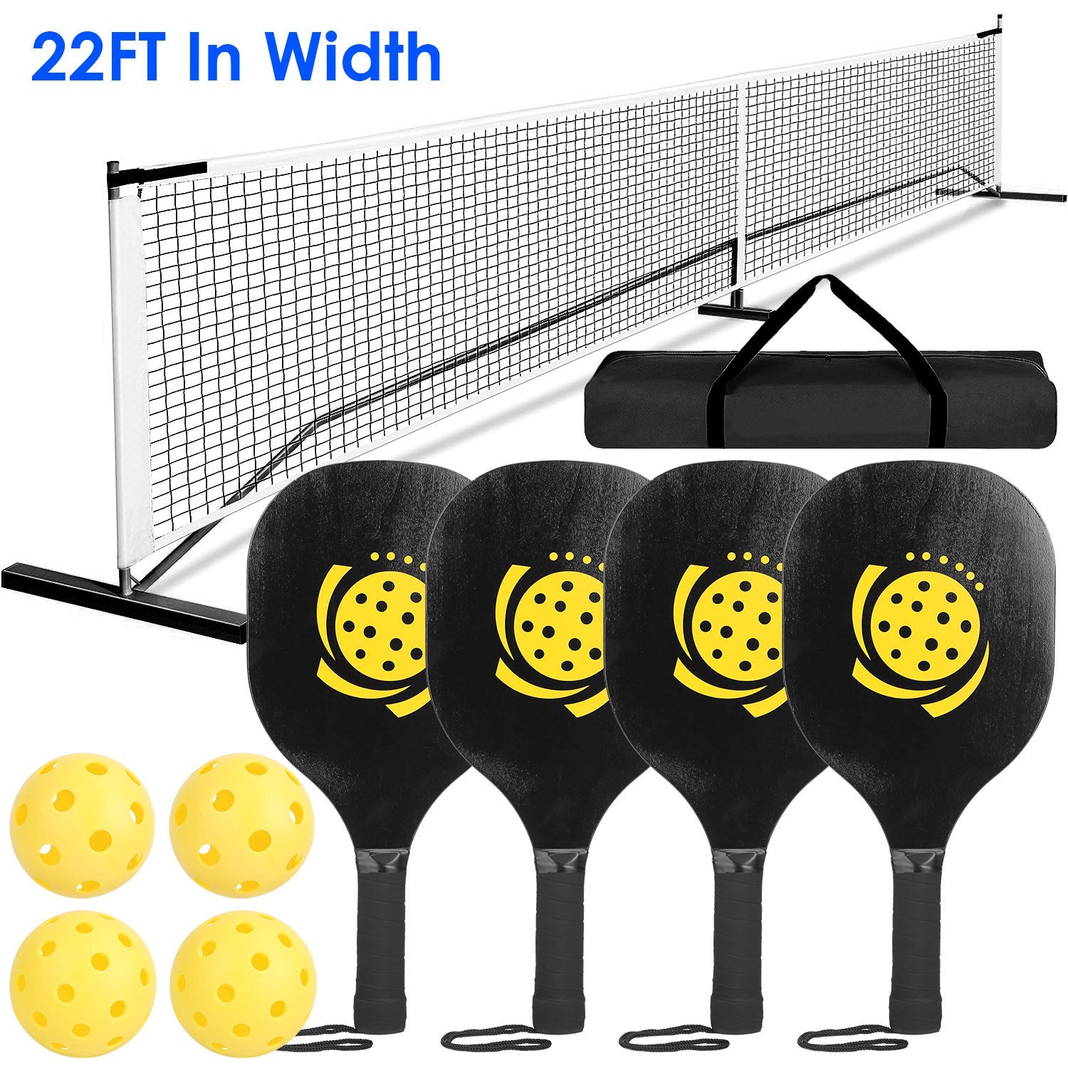 Pickleball set with net, paddles, and balls on a white background