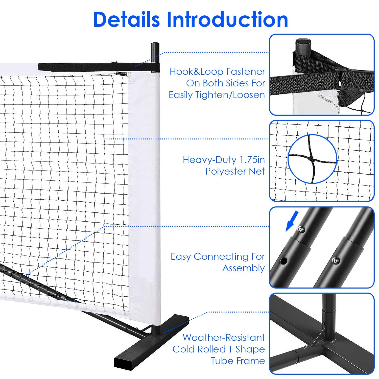 Detailed view of a tennis net with features highlighted on a white background