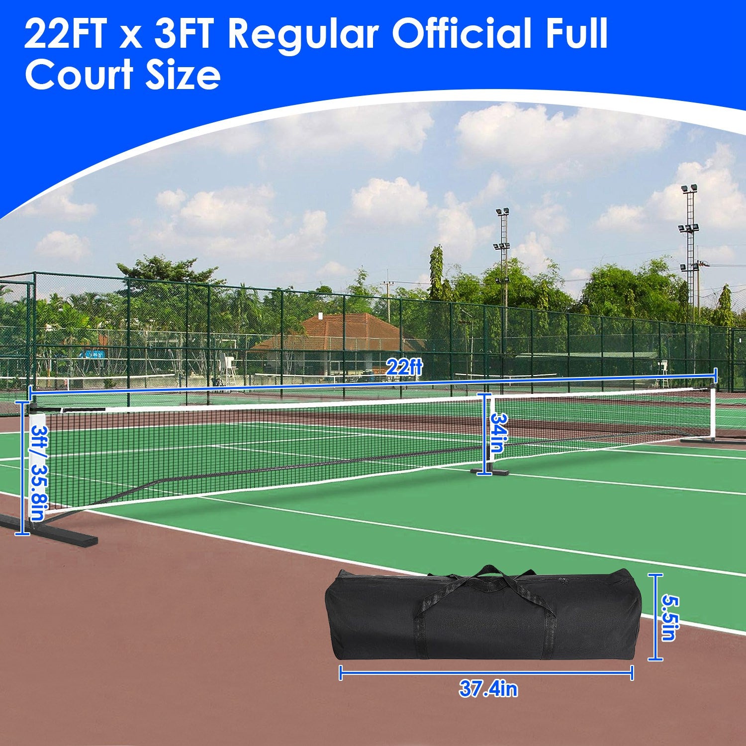 Tennis court with a portable net system and carrying case, set against a clear sky.