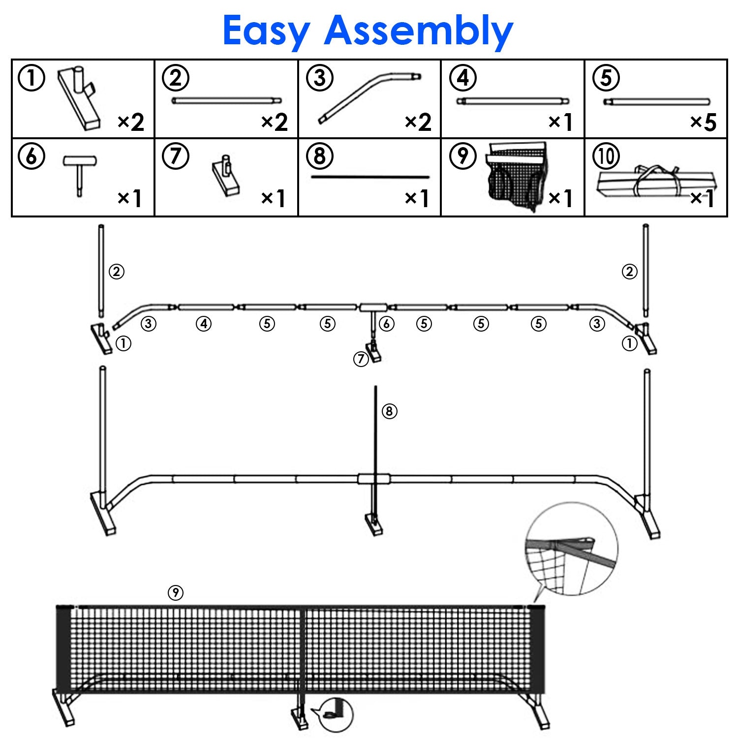 Diagram of a pickleball net assembly with parts labeled and 'Easy Assembly' text.