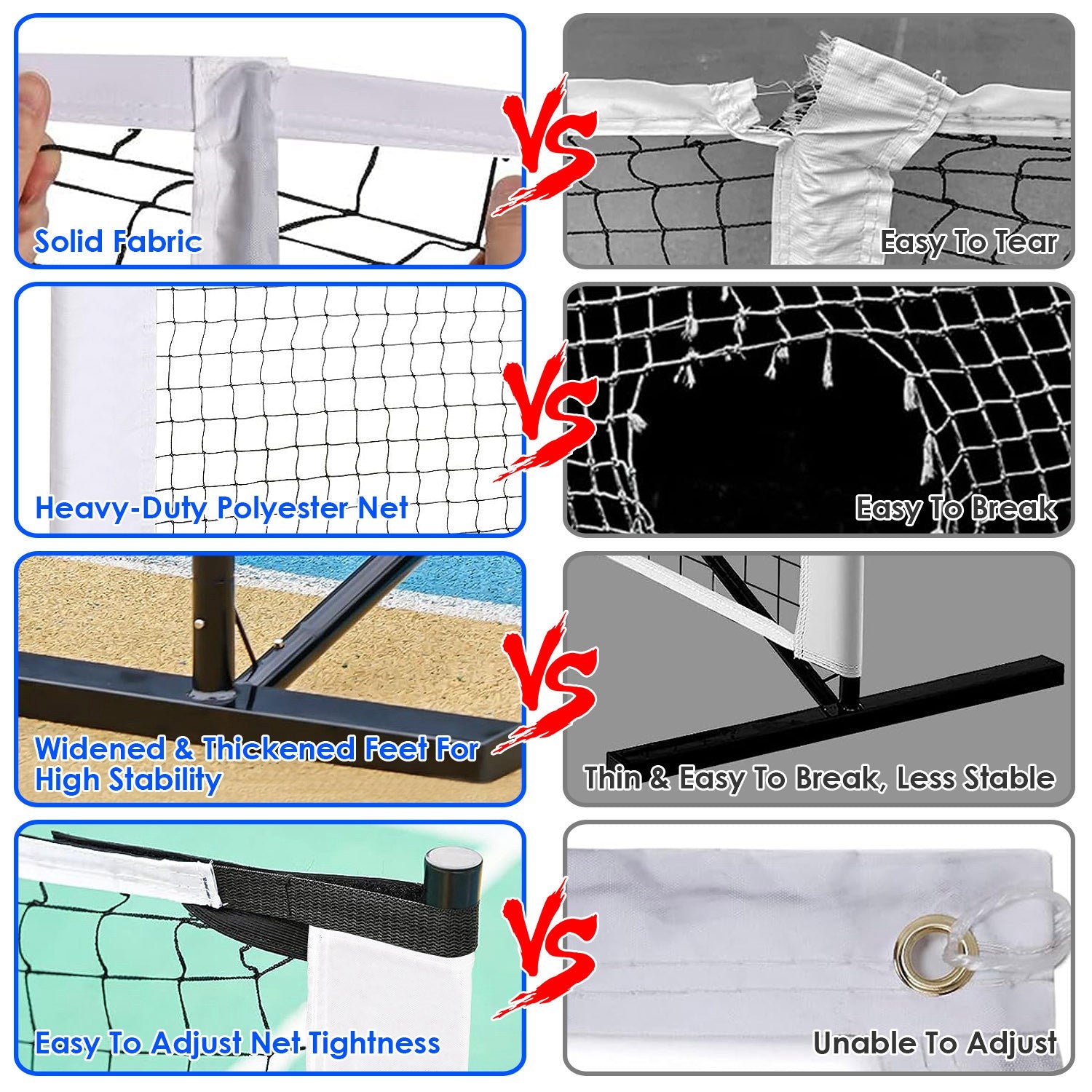 Comparison chart of volleyball nets with text describing features and differences.