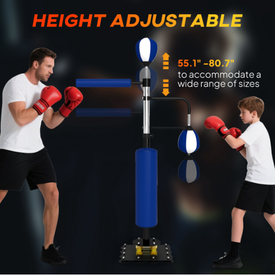 Height adjustable punching bag with two people using it, one adult and one child.