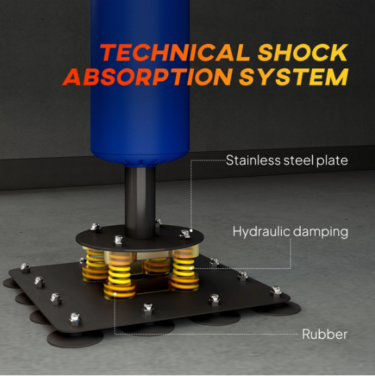 Technical shock absorption system with labeled components on a dark background