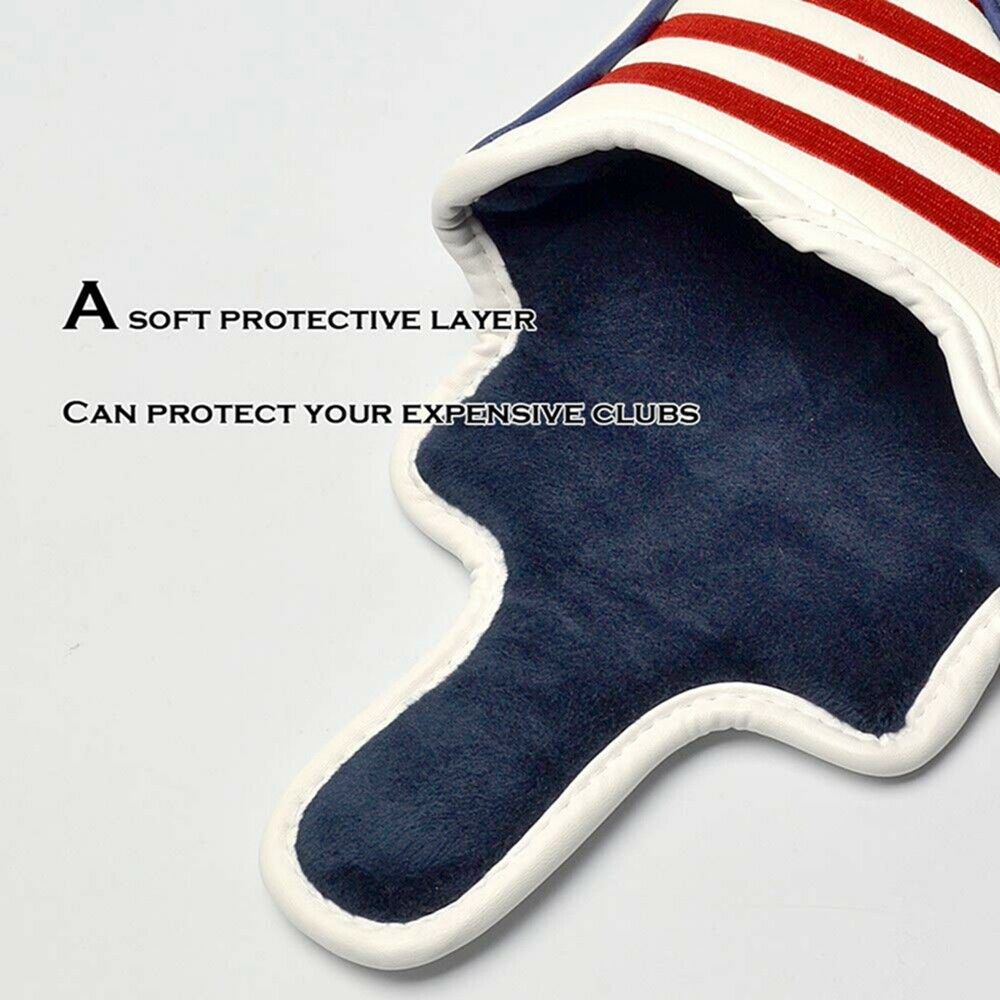 Blue golf club head cover with American flag pattern on a white background