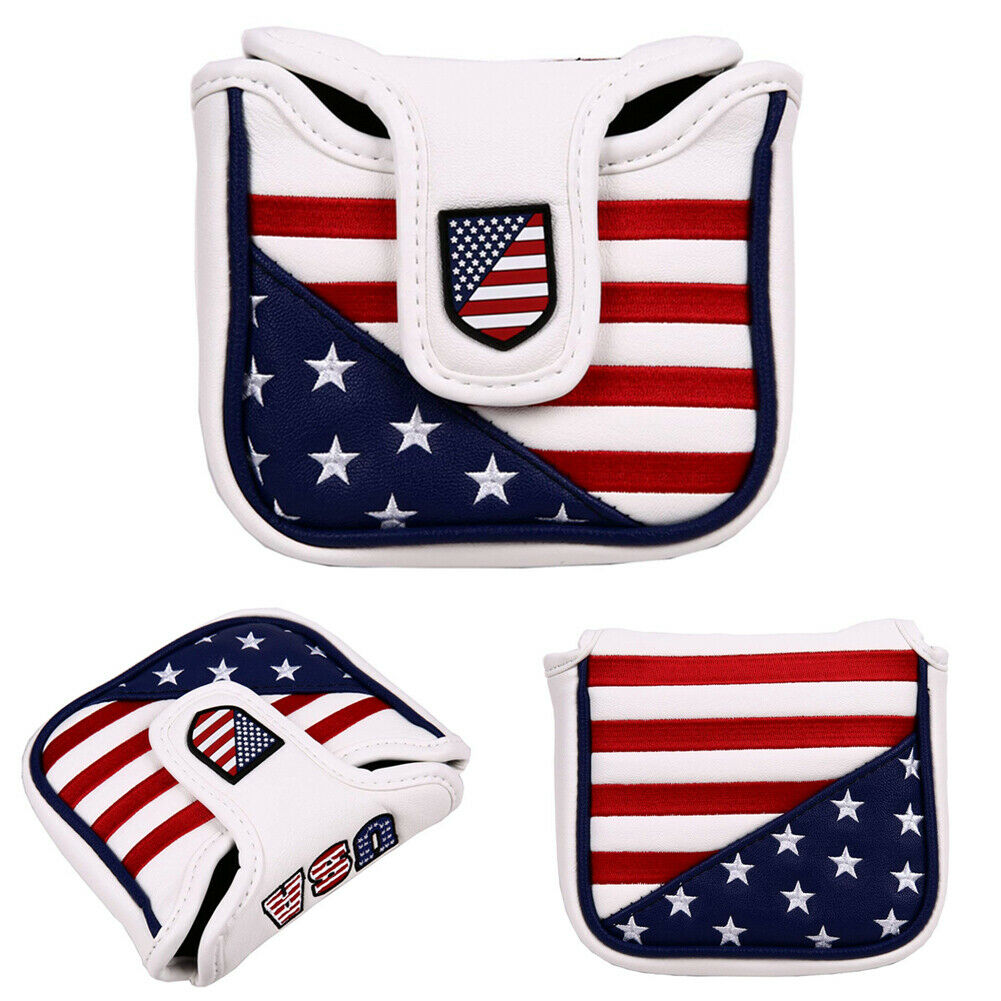 Three golf club covers with American flag design on a white background