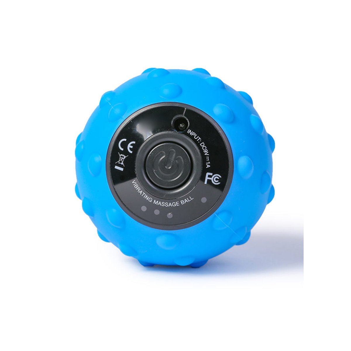 Blue vibrating massage ball with black control panel on a white background