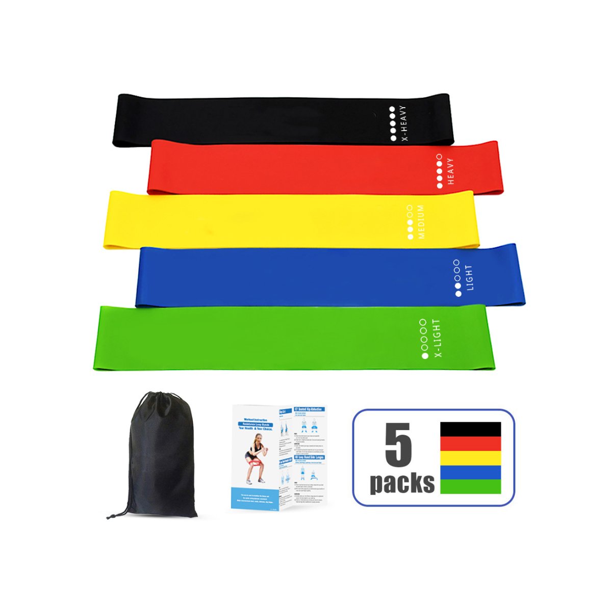Set of resistance bands in black, red, yellow, blue, and green with a carrying bag and instructions on a white background.