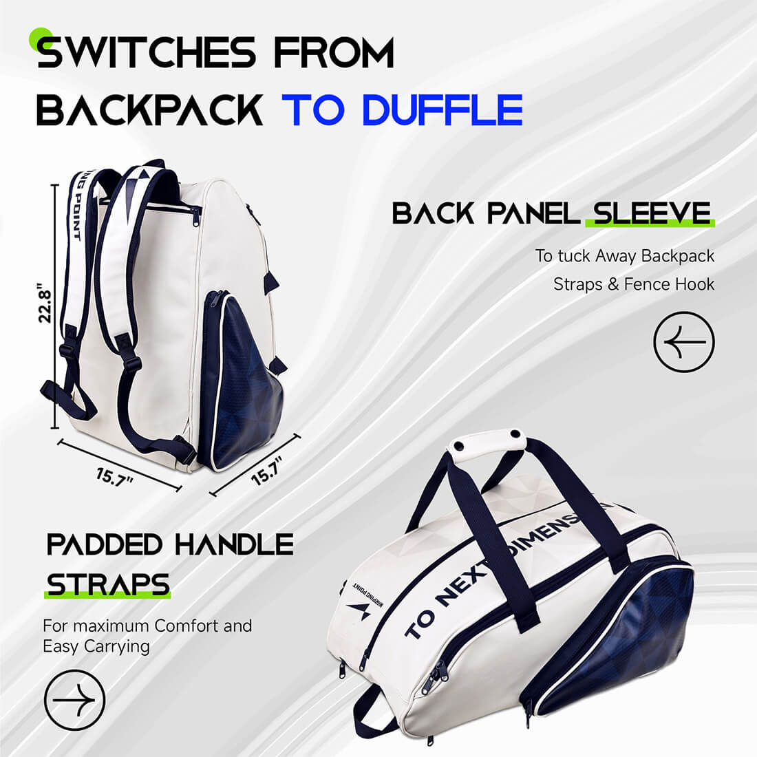 Backpack and duffle bag with features highlighted on a white background