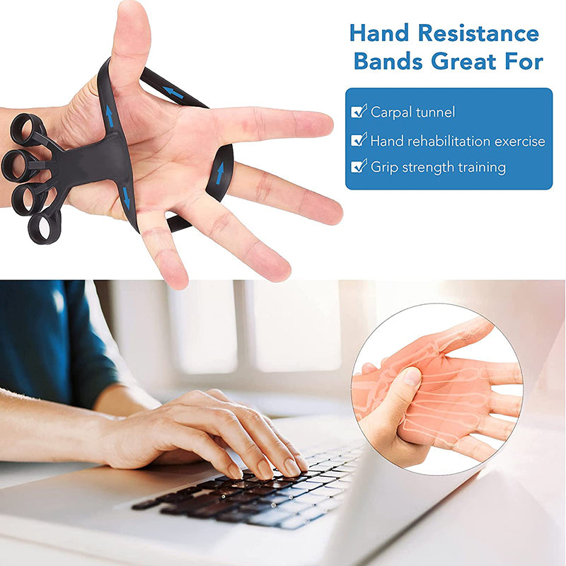 Hand resistance band being used on a hand with text indicating its uses for carpal tunnel, hand rehabilitation exercise, and grip strength training.