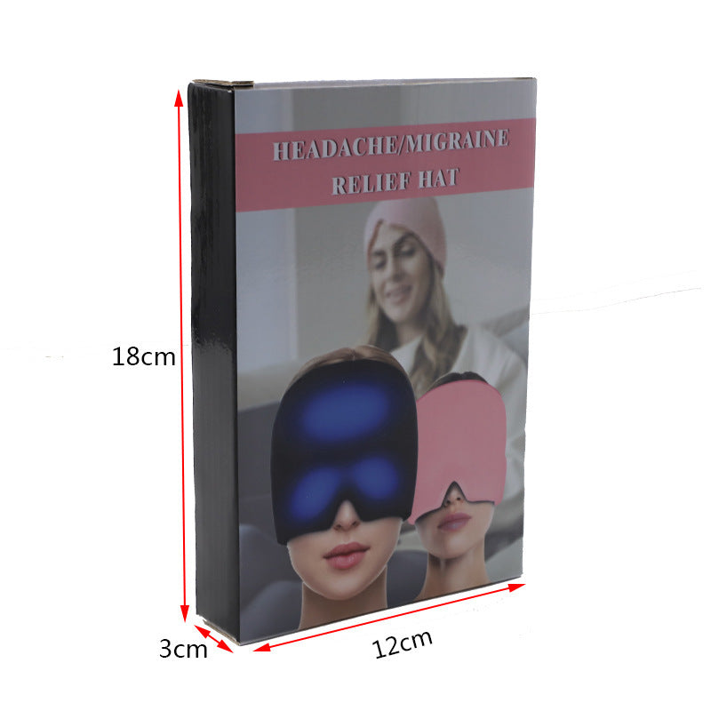 Packaging of headache/migraine relief hats with dimensions indicated