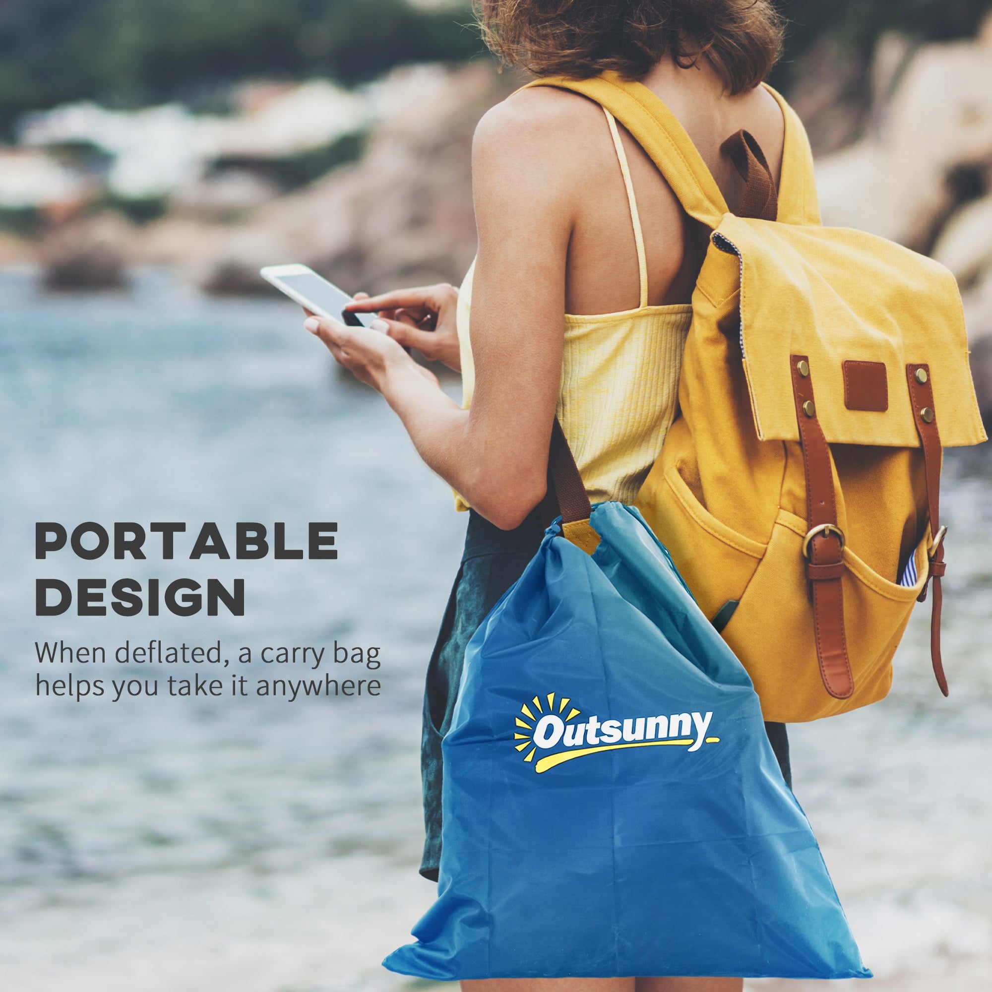 Person with yellow backpack and blue Outsunny bag by a water body