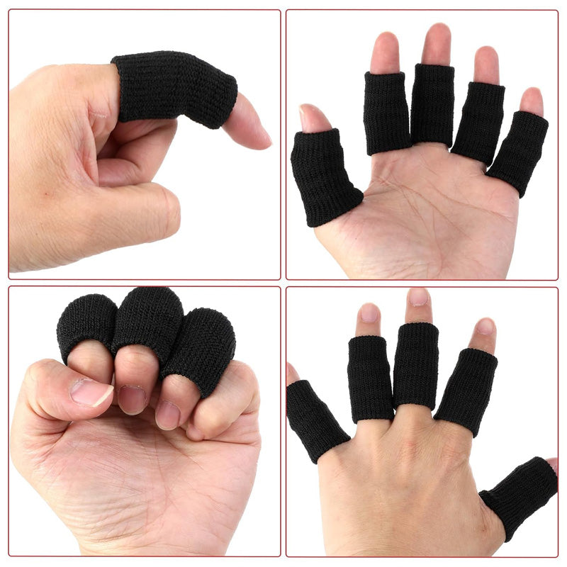 Black fingerless gloves being worn on fingers with a white background