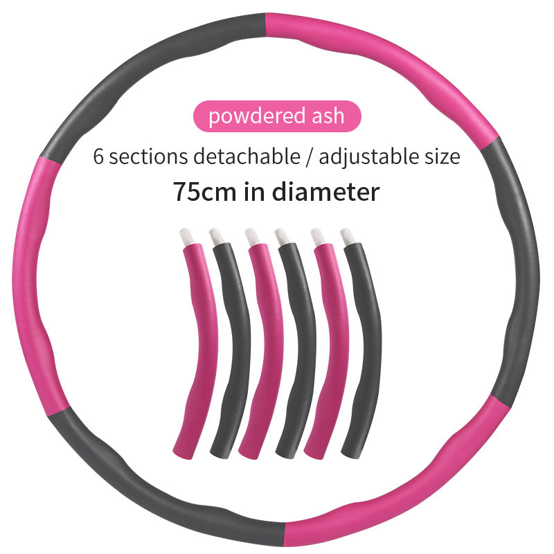 Pink and black detachable hula hoop with specifications on a white background
