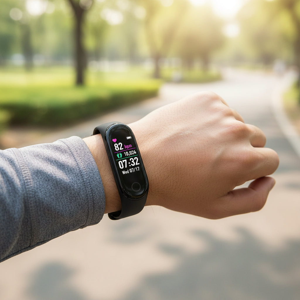 Black smartwatch with various functions displayed on a white background