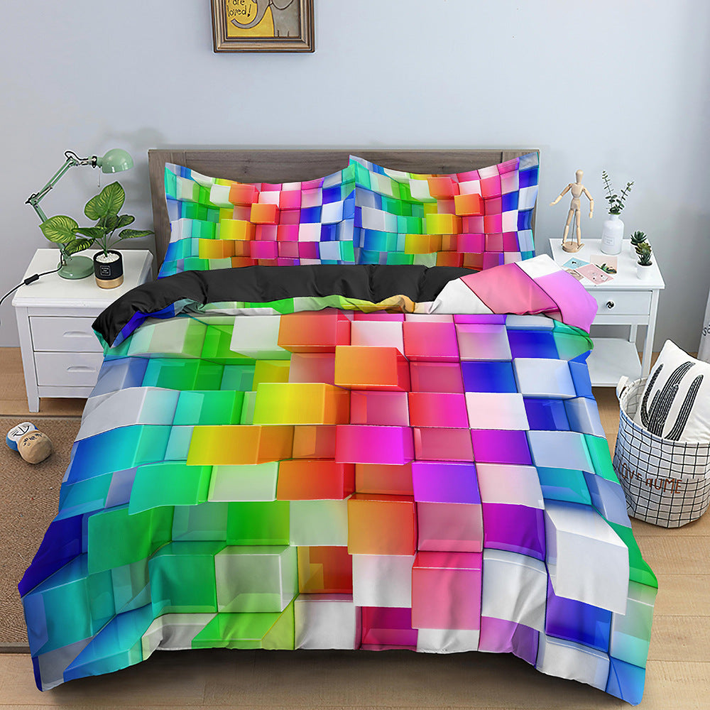 Bed with colorful checkered bedding in a bedroom setting