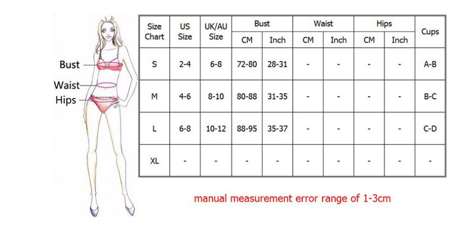 Size chart for women's clothing with a measurement error range indicated.