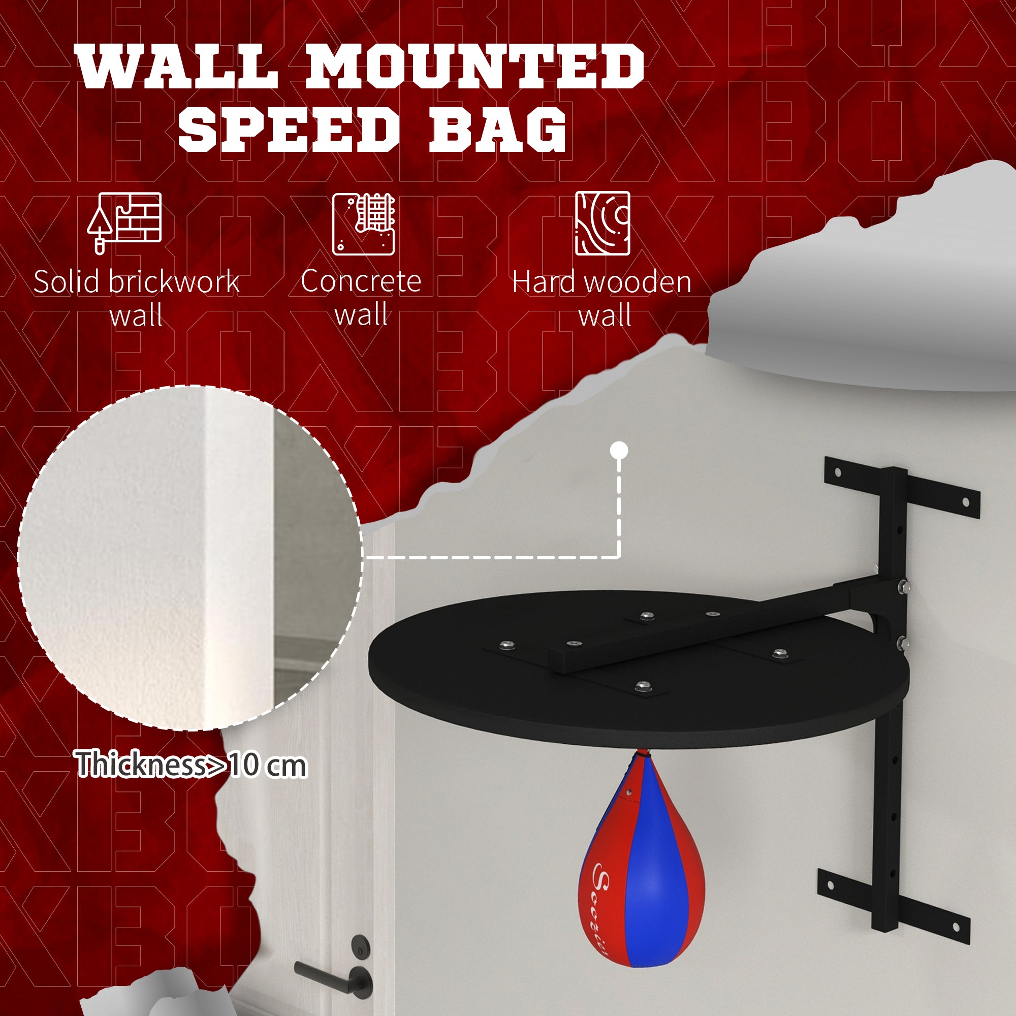 Wall-mounted speed bag with installation instructions on a red background