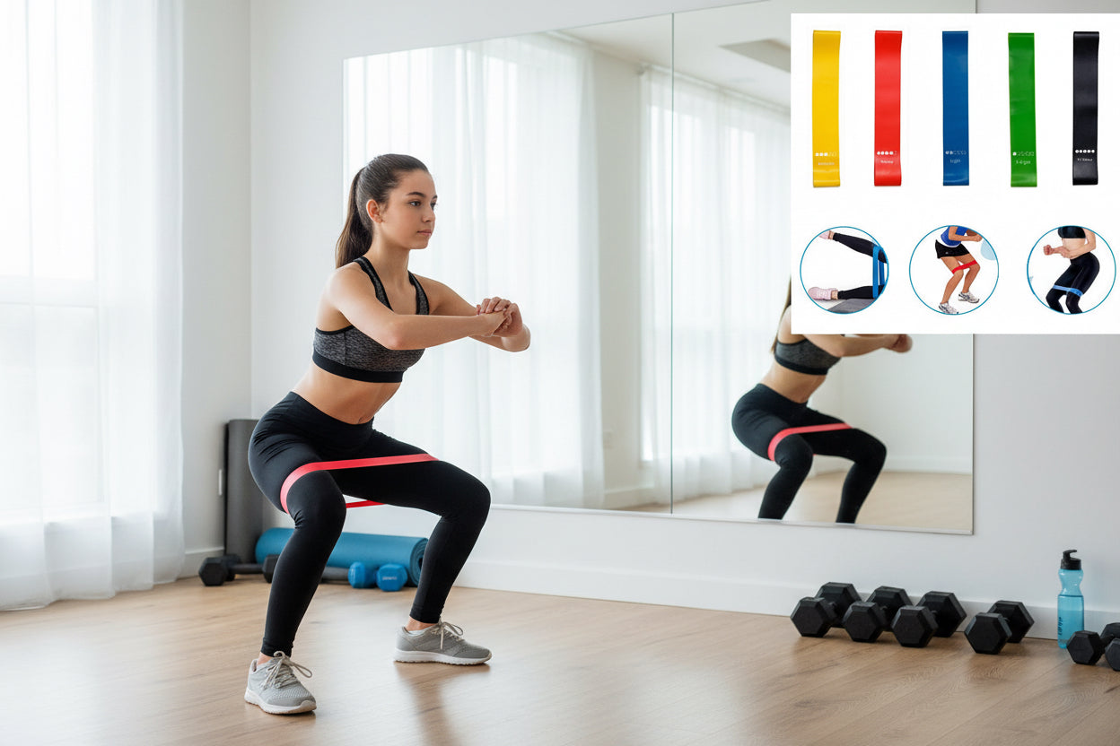 Person exercising in front of mirror with Set of resistance bands in various colors with exercise illustrations on a white background