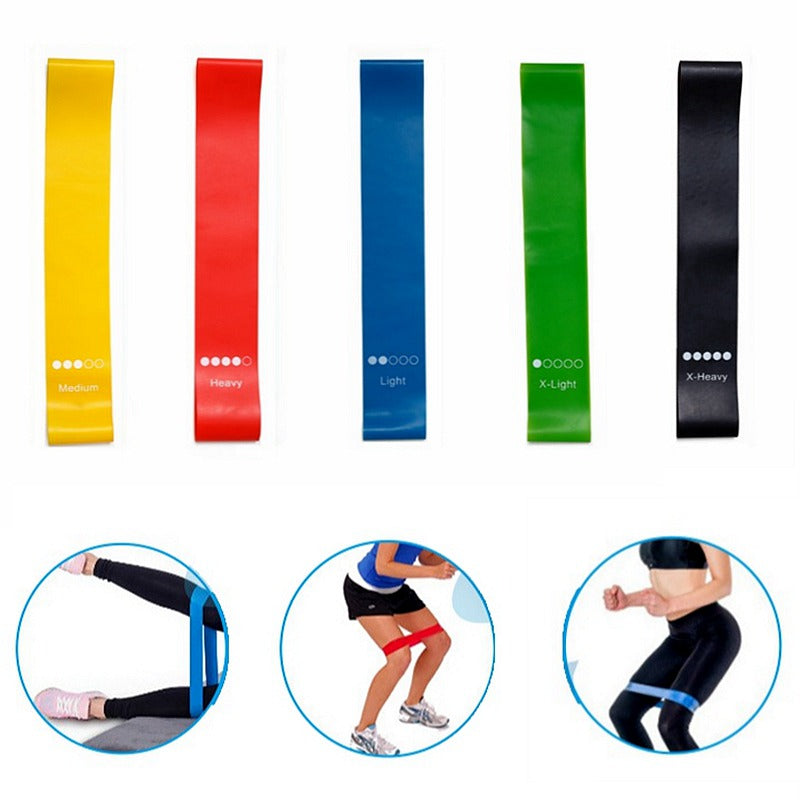 Set of resistance bands in various colors with exercise illustrations on a white background