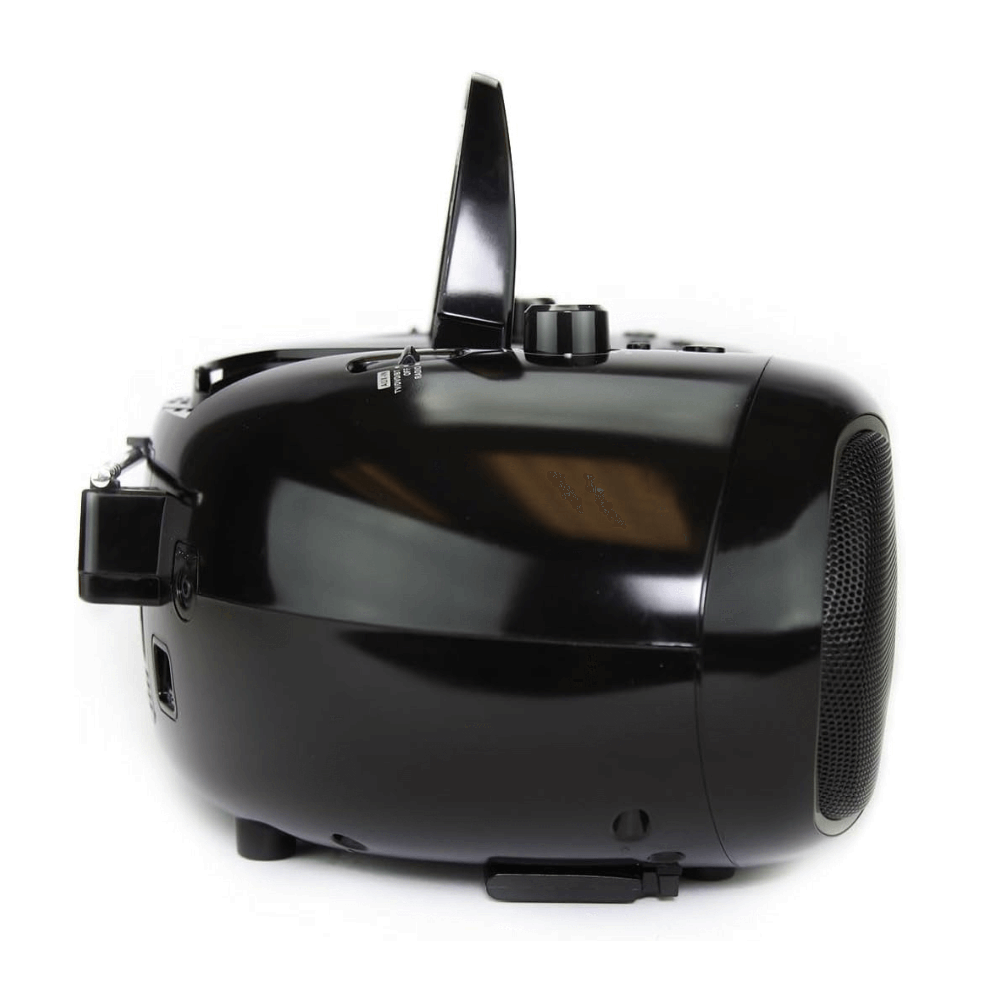 Black portable radio on a white background
