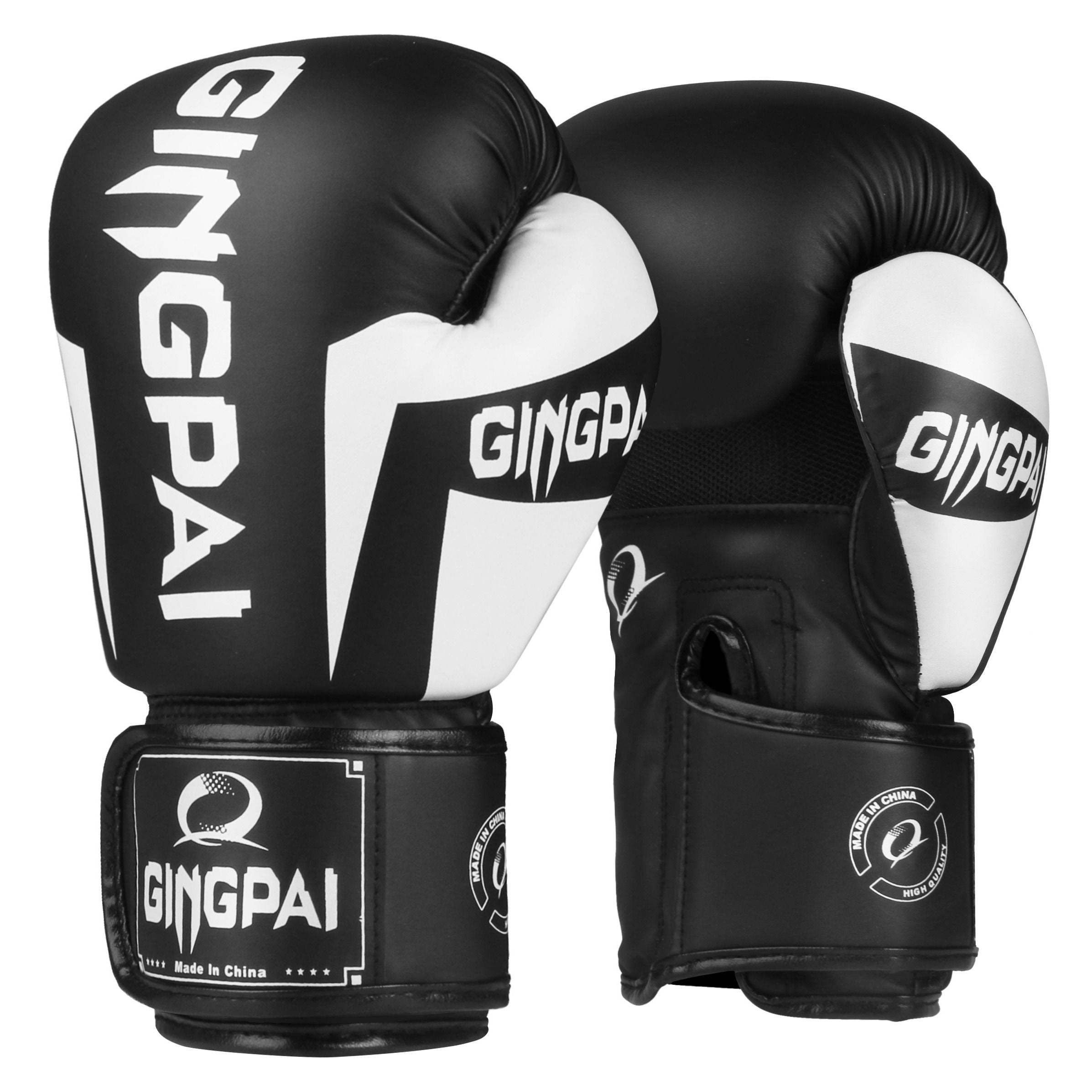 Black and white boxing gloves with 'Gingpai' branding on a white background