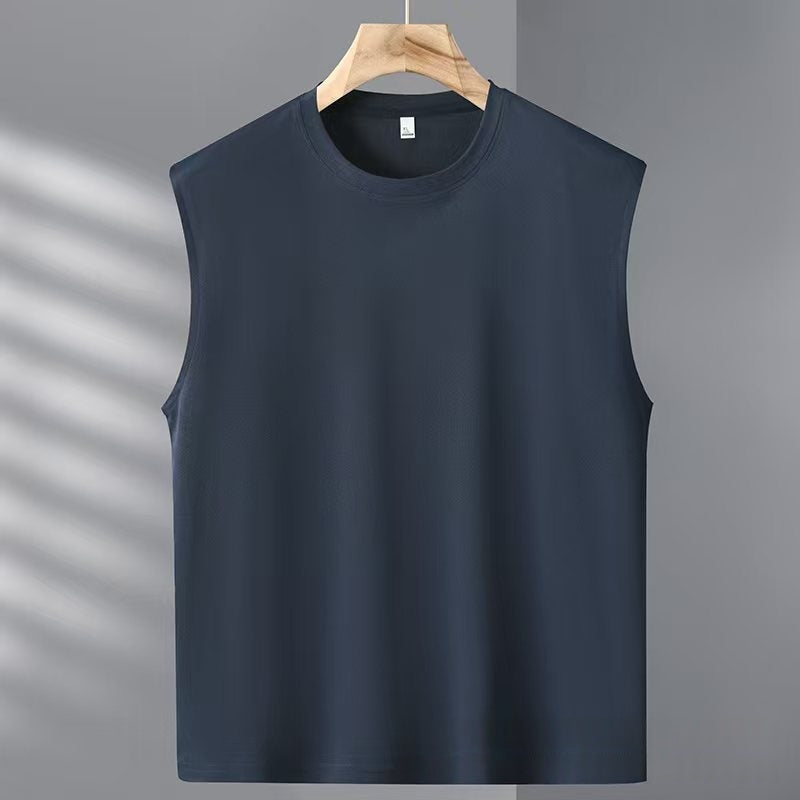 Navy sleeveless shirt on a wooden hanger against a gray background