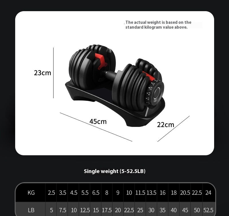 Pair of adjustable dumbbells with measurement details on a white background