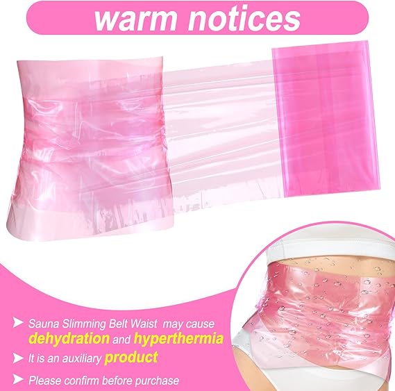 Pink translucent sauna slimming belt waist wrap shown laid flat and worn in a circular inset, with promotional text on a white and pink background.