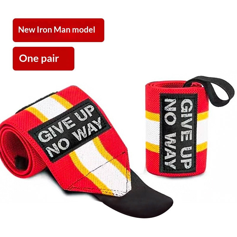 A pair of red and white athletic wrist wraps with yellow stripes and a black patch that reads 'GIVE UP NO WAY', shown rolled and laid flat on a white background, with red text boxes at the top reading 'New Iron Man model' and 'One pair'.