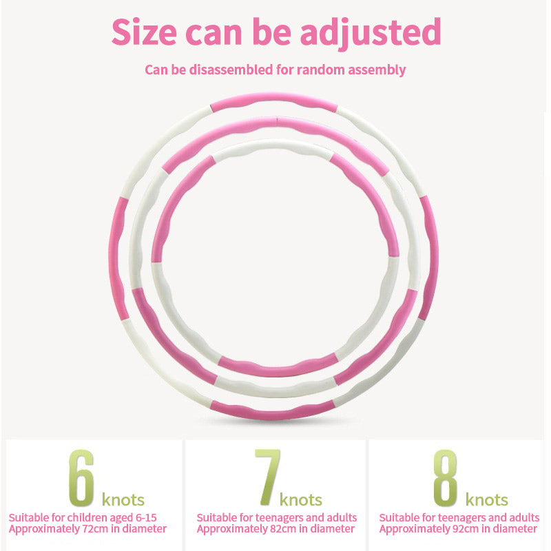 Set of pink and white hula hoops with size information on a light gray background