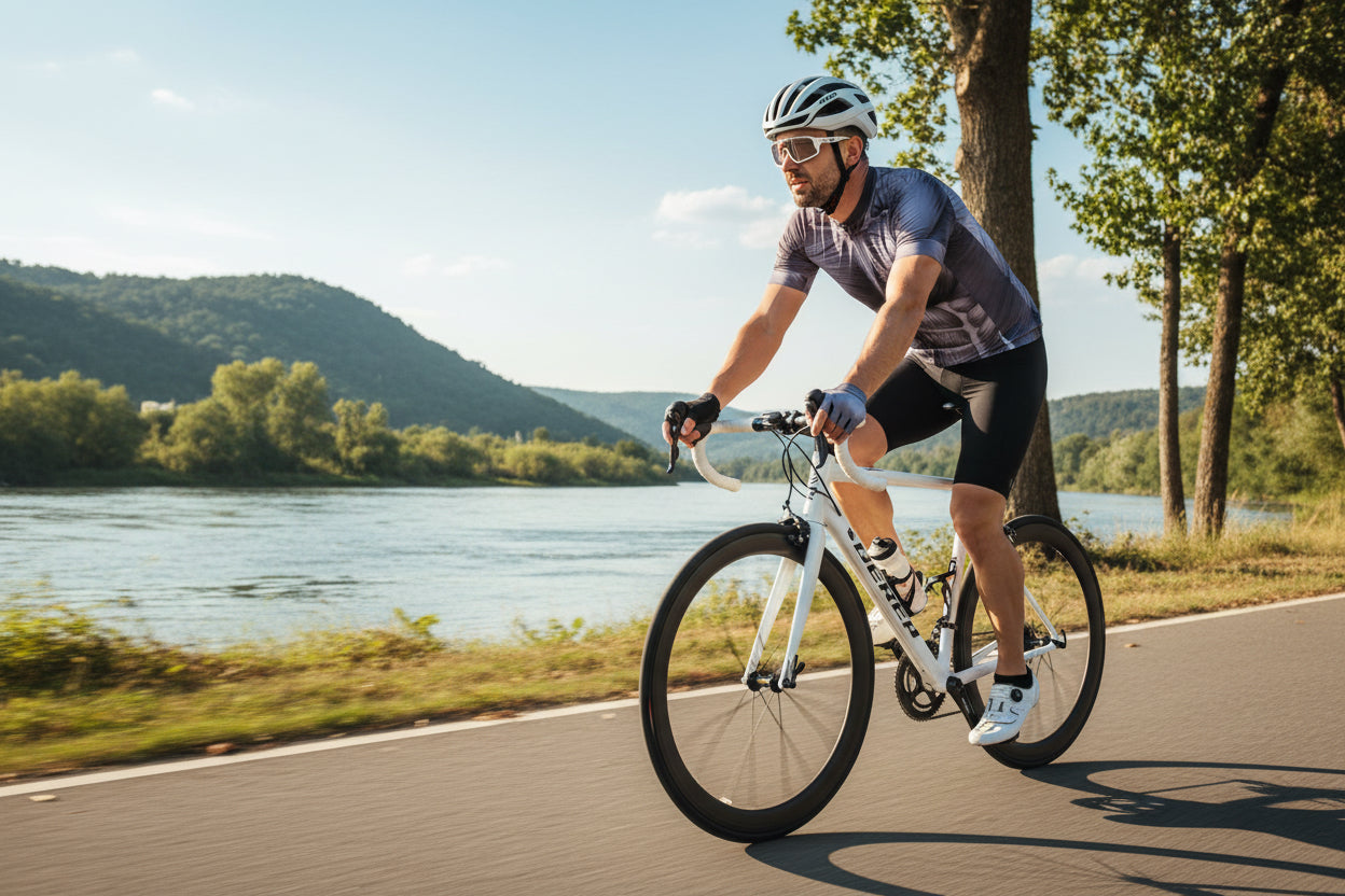 Cyclist wearing Cycling jersey with muscle graphic design by the river.