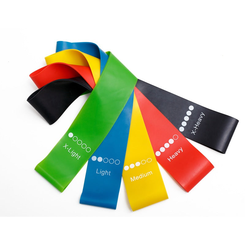Set of resistance bands in various colors with labeled weights on a white background
