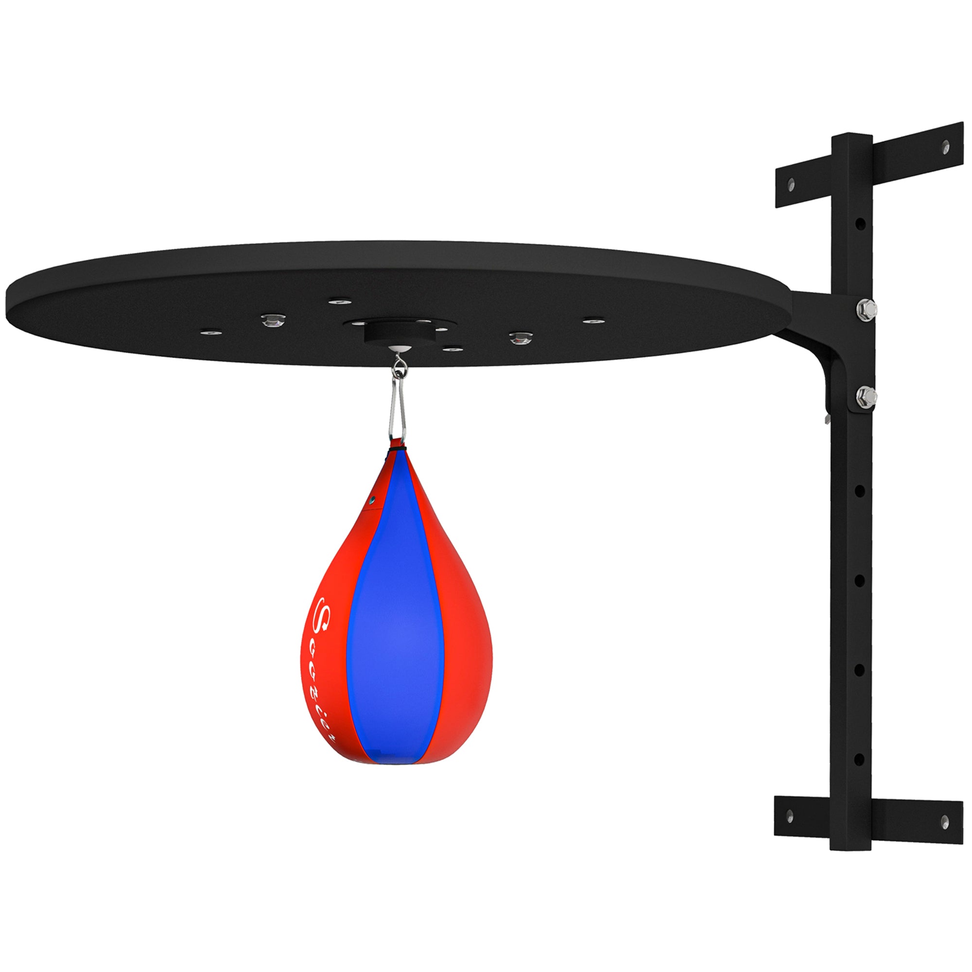 Red and blue punching bag hanging from a black mounting bracket on a white background
