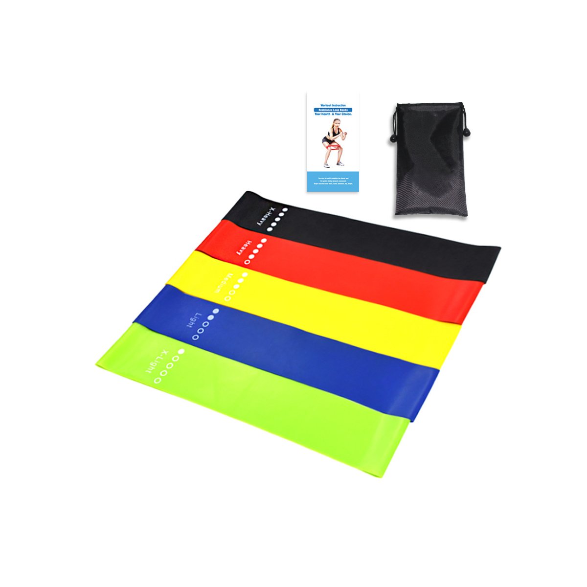 Colorful resistance band with packaging and strap on a white background
