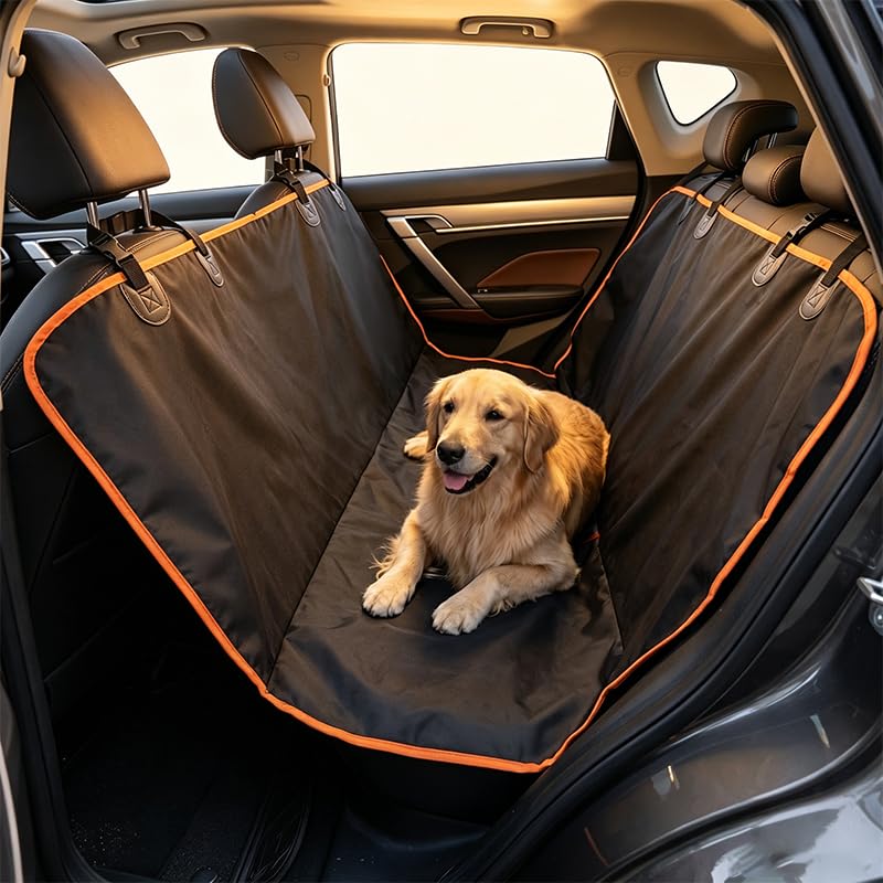 A golden retriever dog lies on a black car backseat cover with orange trim installed in a car interior.
