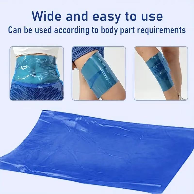 Blue adhesive body contouring sheet shown with three inset photos of the sheet applied to the waist, thigh, and lower leg, plus marketing text at the top.