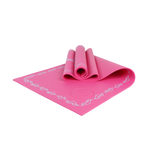 Pink yoga mat with a rolled-up pink mat on a white background