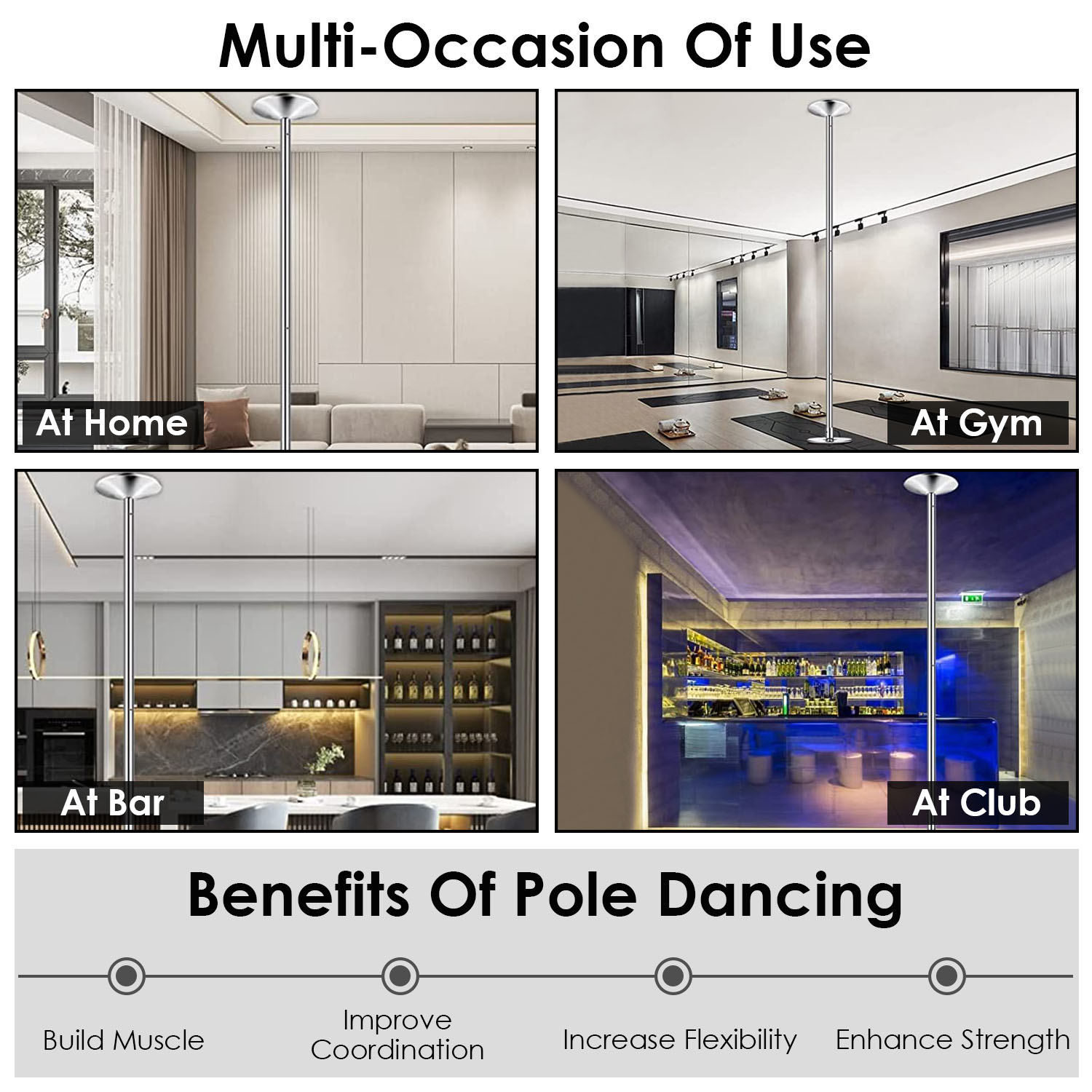 Collage of a pole dancing setup in various settings with text on benefits and occasions.